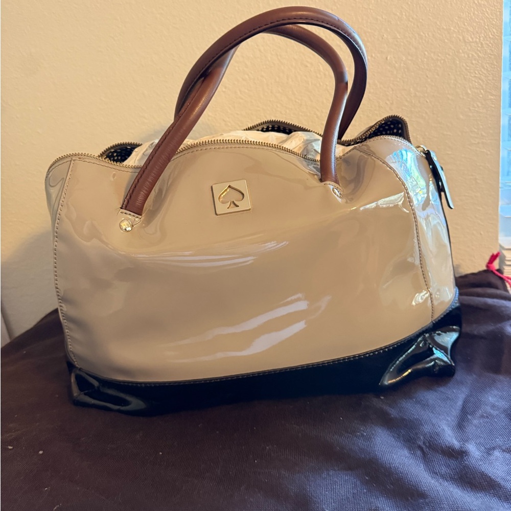 Large tan and black Kate Spade satchel bowling bag vinyl purse